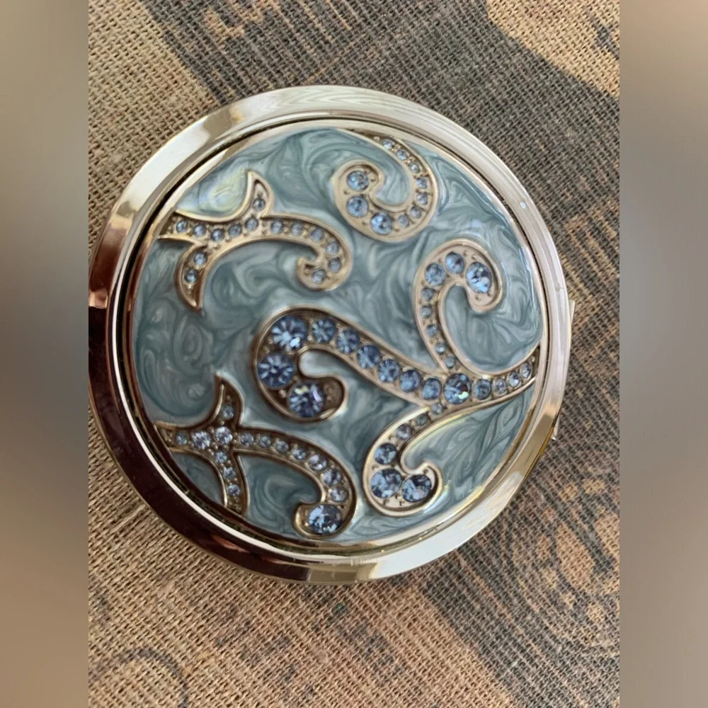 NWOT Argento SC Compact Mirror: Blue Rhinestones on Lid, Double Sided Inside - Picture 5 of 10